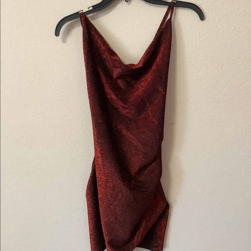 DRESS—NEW Metallic Copper Red Maroon Color Tie Back Long Dress Gorgeous